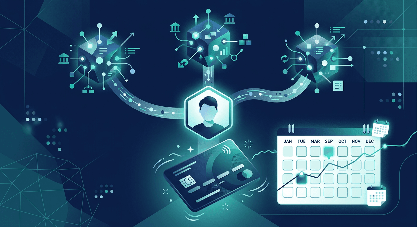 Abstract personal credit account with a reported tradeline and credit bureau data connections