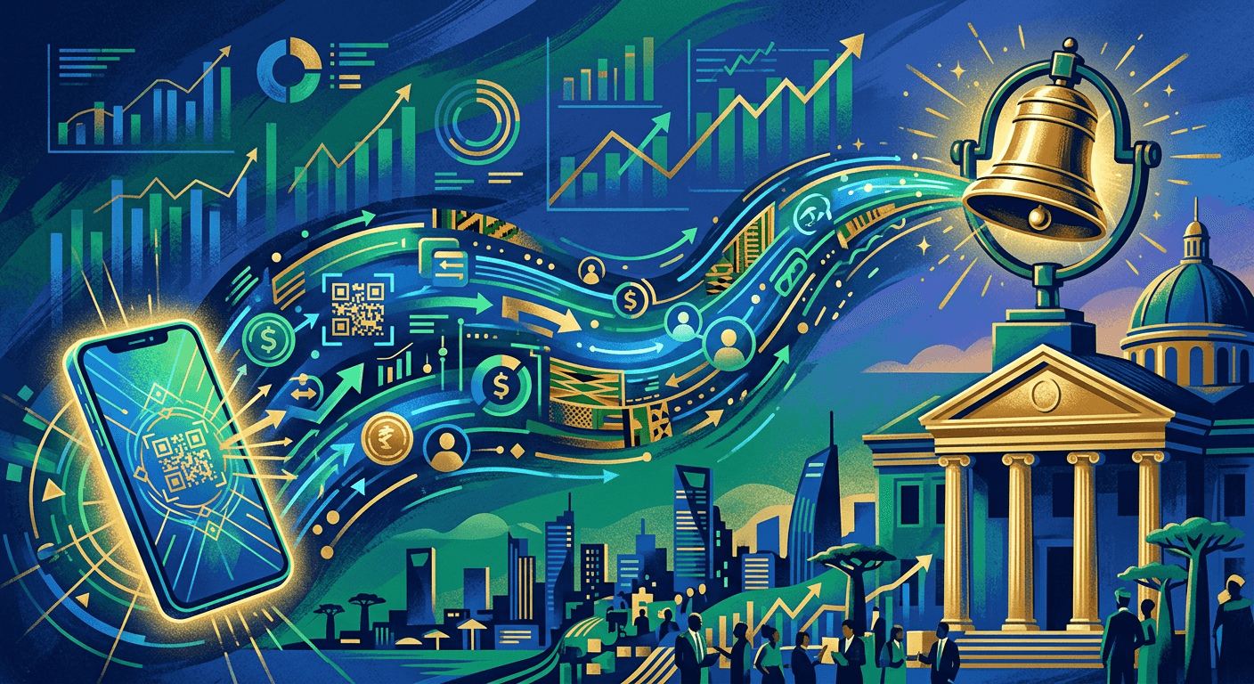 Abstract mobile payments network rising toward a stock exchange listing