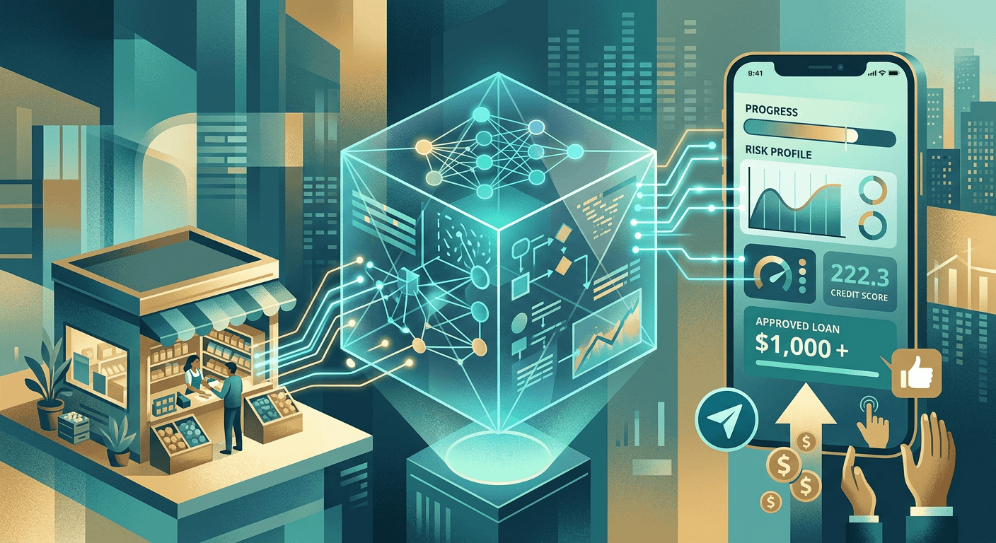 AI underwriting network connecting a small shop to a mobile lending interface