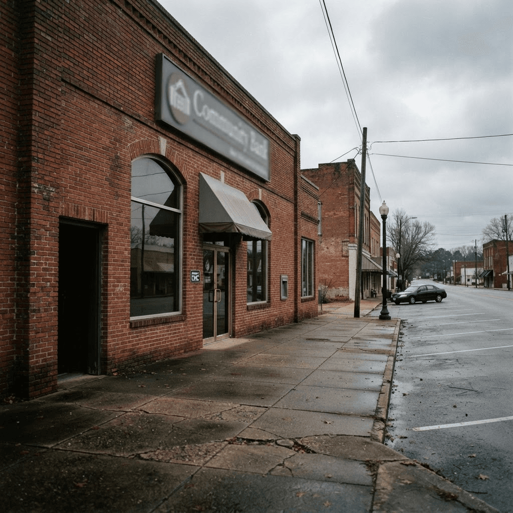 A small regional bank branch storefront on a quiet main street