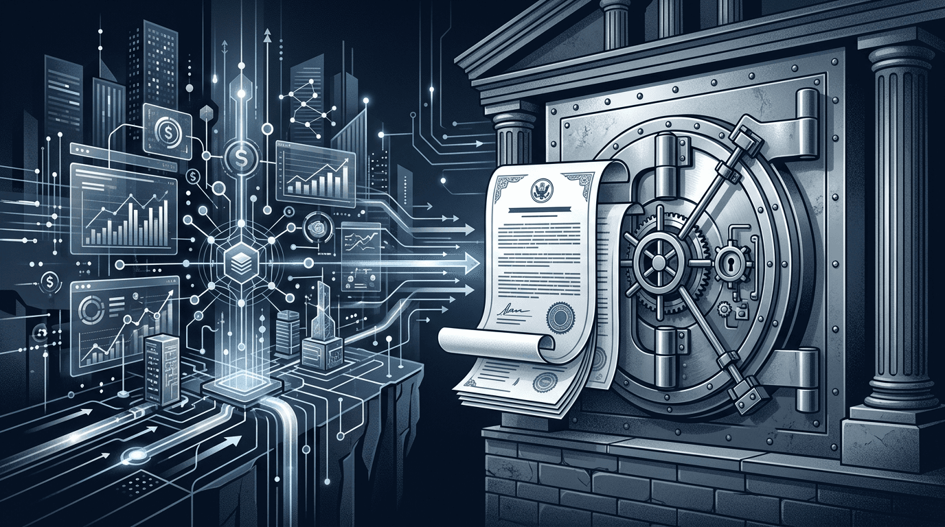Abstract digital finance platform connected to a bank vault and regulatory document