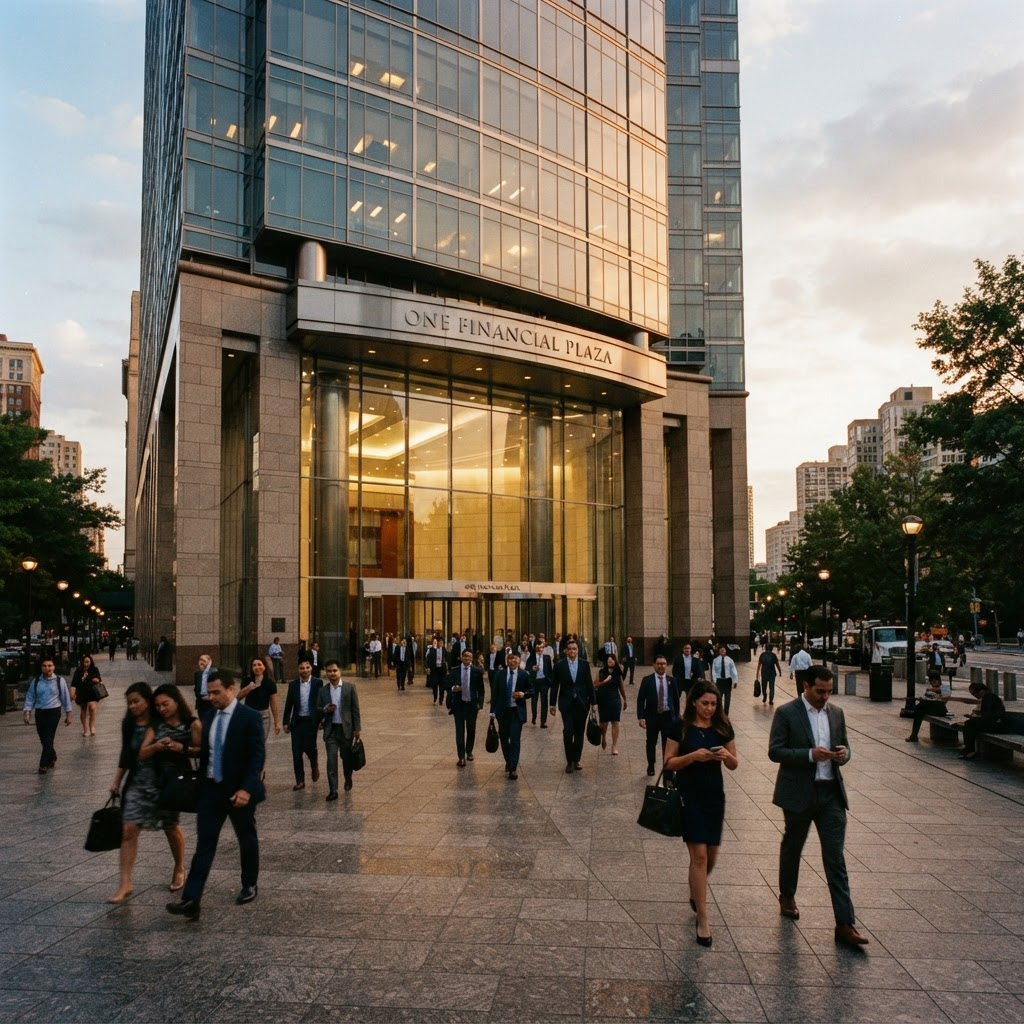 Employees leaving the headquarters of a large investment bank at dusk