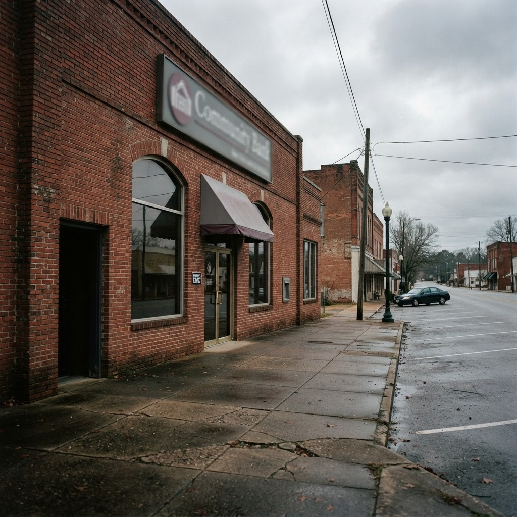 A small regional bank branch storefront on a quiet main street