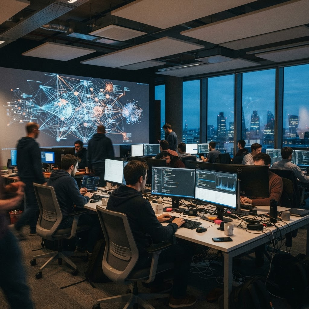 Engineers at monitors in a fintech office with network topology diagrams on a wall screen