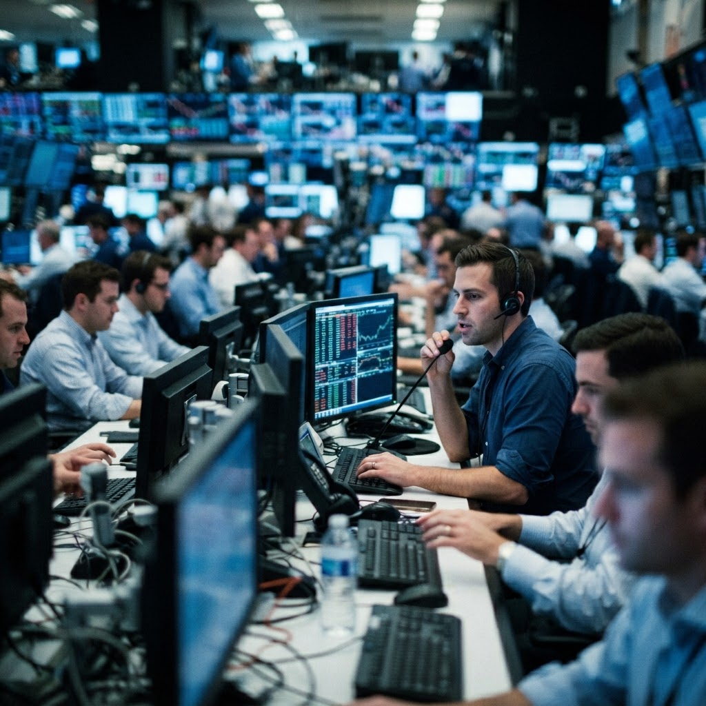 Traders at multi-monitor desks on an institutional trading floor
